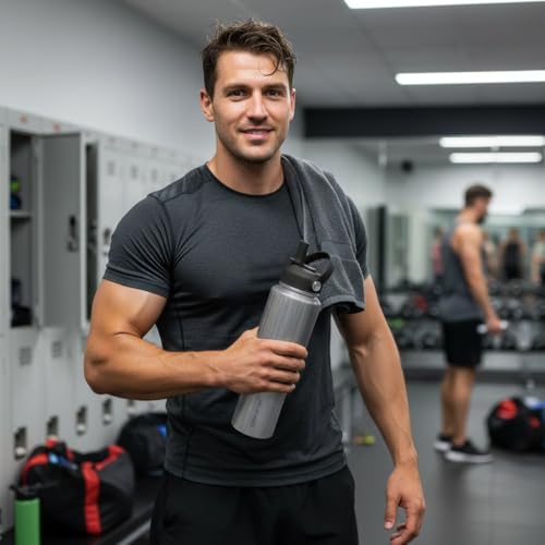 Water Bottle Wide Mouth Stainless Steel Vacuum Insulated Double Wall Keep Liquids Cold or Hot All Day (Laser Grey / 40 Ounces)