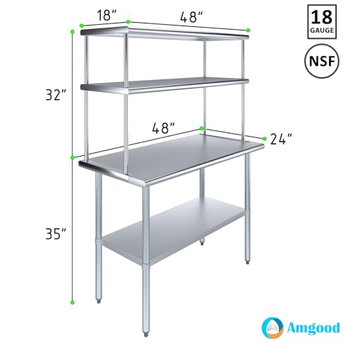 Stainless Steel Work Table Double Tier Overshelf (24" x 48" Work Table + 18" Overshelf)