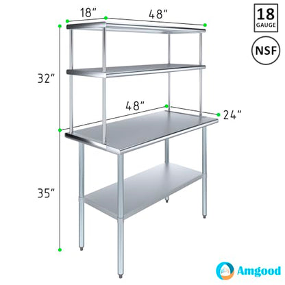 Stainless Steel Work Table Double Tier Overshelf (24" x 48" Work Table + 18" Overshelf)