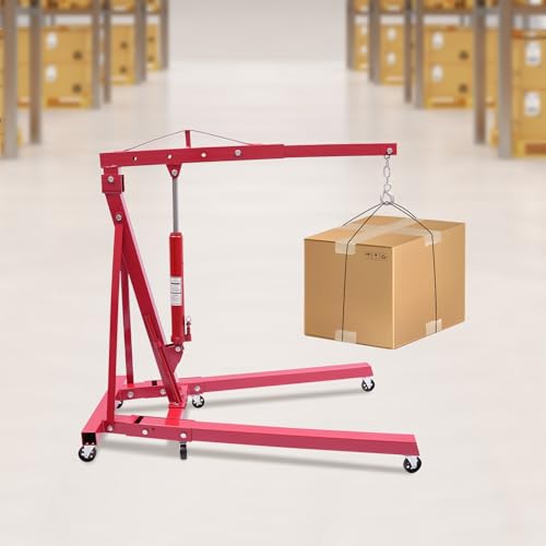 Folding Engine Hoist 2 Ton Engine Crane Lift with 6 Caster Wheels 4400LBS Steel Hydraulic Engine Crane 4 Adjustable Positions for Car Fixing Workshops Garages Warehouse (Red 1T)