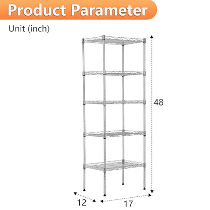 5 Tier Wire Shelf (Chrome / 17"D x 12"W x 48"H)