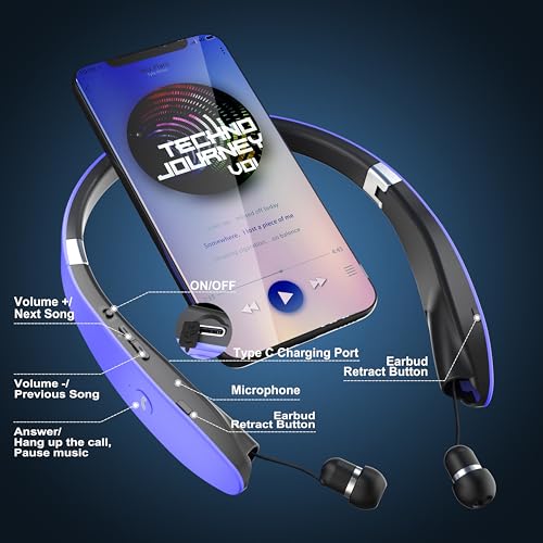 Foldable Bluetooth Headphones Wireless Neckband Headset with Retractable Earbuds (Purple)
