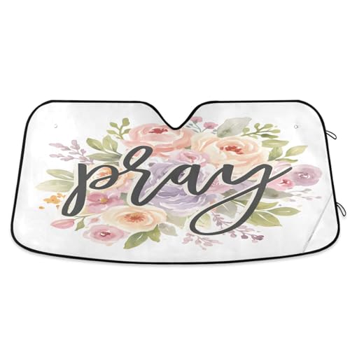 Car Windshield Sun Shade Pray Religious Rose Flower Foldable Car Front Windshield Sunshade Blocks UV Rays Sun Visor Heat Protection for Truck SUV to Keep Your Vehicle Cool (Small / Pray)