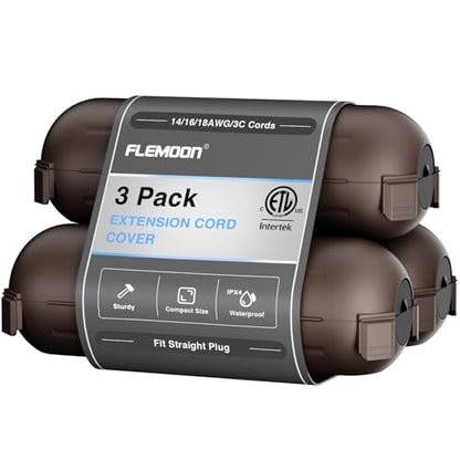 3 Pack] Flemoon Outdoor Extension Cord Safety Cover with Waterproof Seal (Brown / Small Box: 5.3" L x 2" W x 2" H)
