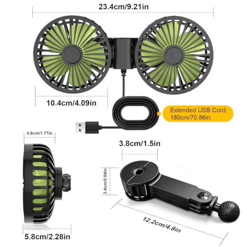 Dual Head USB Car Cooling Fans for Backseat Kids 3 Adjustable Speeds (Black+Silver)