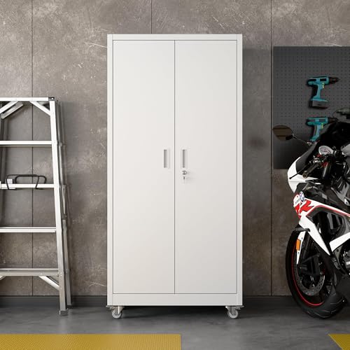 71" White Metal Storage Cabinet with Wheels (White / 16"D x 32"W x 71"H)