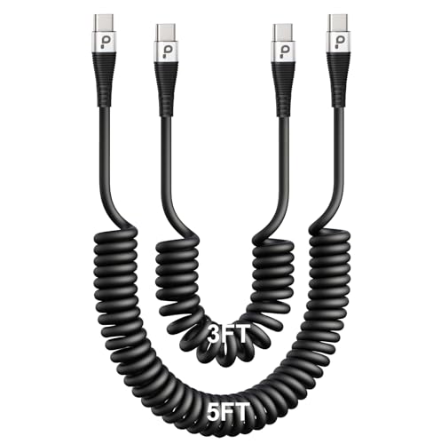Coiled USBC to USBC Cables for Car 3FT (3FT/5FT / USB C to USB C / Silver)