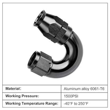 6AN 180 Degree PTFE One Piece Full Flow End Hose Fitting Aluminum Black (6AN / 180 Degree)
