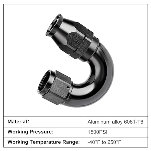 8AN 180 Degree PTFE One Piece Full Flow End Hose Fitting Aluminum Black (8AN / 180 Degree)