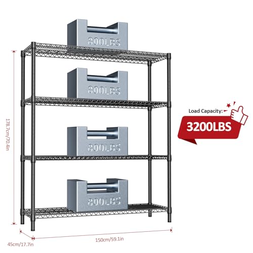 4 Tier Metal Garage Shelving (4 Tier, 17.7" D x 59.1" W x 70.9" H / Black)
