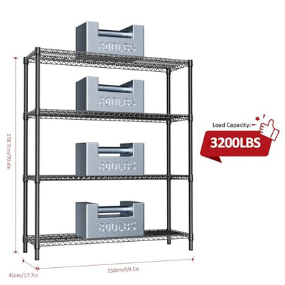 4 Tier Metal Garage Shelving (4 Tier, 17.7" D x 59.1" W x 70.9" H / Black)