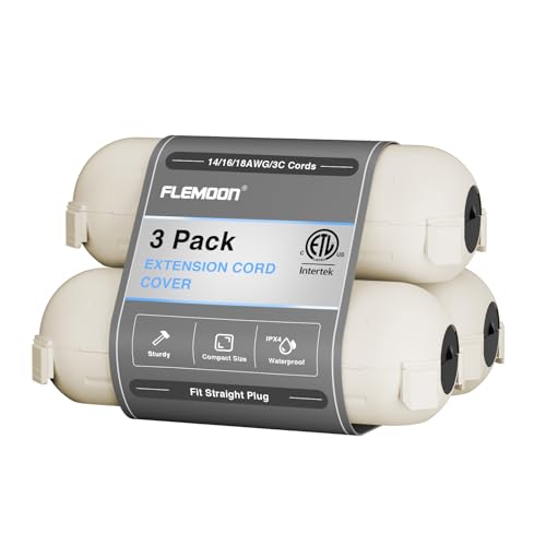 3 Pack] Flemoon Outdoor Extension Cord Safety Cover with Waterproof Seal (White / Small Box: 5.3" L x 2" W x 2" H)