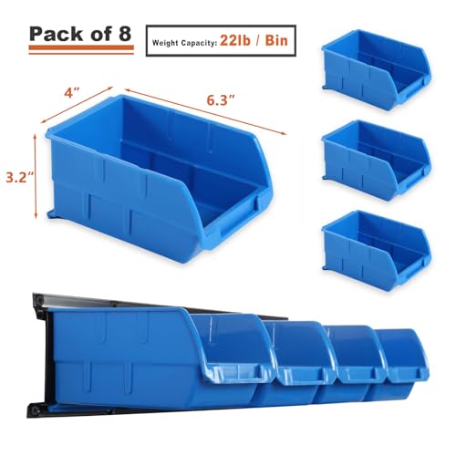 8 Bin Wall Mounted Plastic Storage Bins Hanging Organizer Bins (Blue / 8Bins+2Rails)