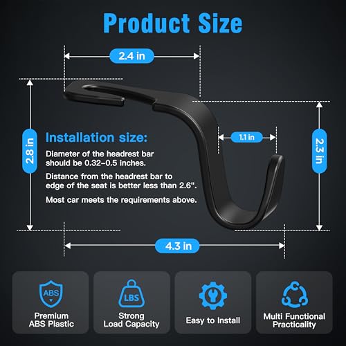 4 Pack Car Headrest Hooks Holds 55lbs Seat Storage Organizer for Bags (Black)