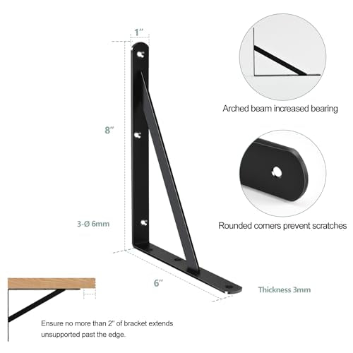 6 Pack L8 x H 6" Black Heavy Duty Shelf Brackets with Screws Metal Shelf Brackets Shelf Support Angle Brackets for Shelves L Brackets Heavy Duty Floating Shelf (6 Pack-Black / 8''x6'')