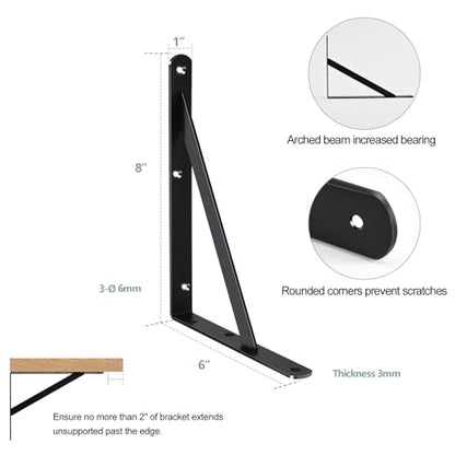 6 Pack L8 x H 6" Black Heavy Duty Shelf Brackets with Screws Metal Shelf Brackets Shelf Support Angle Brackets for Shelves L Brackets Heavy Duty Floating Shelf (6 Pack-Black / 8''x6'')