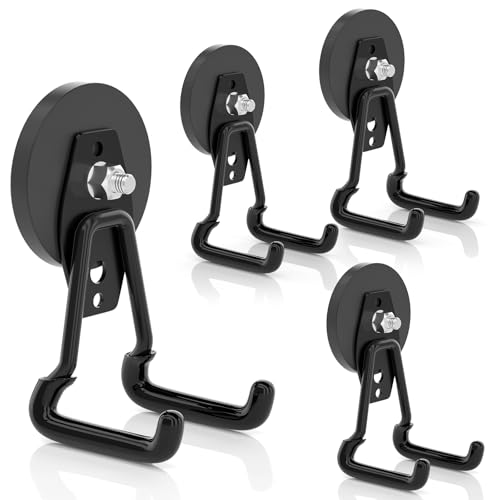 Strong Magnetic Hooks Heavy Duty Upgraded Large Magnets with Hooks Magnetic Garage Hooks for Hanging Shovel (Black 4PCS)