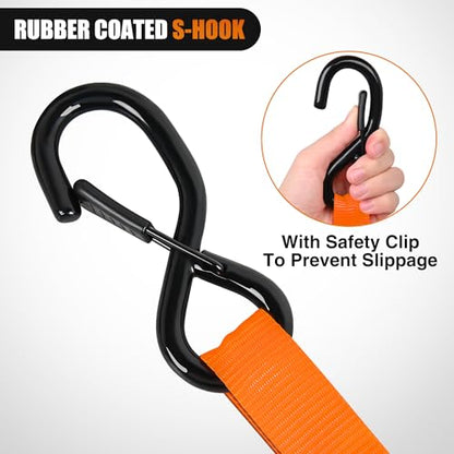 Ratchet Tie Down Straps 4500LBS Break Strength 1”×15’ Orange 4 Pack (1in x 15ft Ratchet Straps 4Pcs / Straps)
