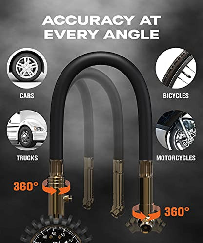 Tire Pressure Gauge for Cars (0-100 PSI / Black Tire Gauge w/ Tube)