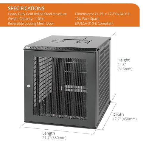 12U Wall Mount Rack Network Cabinet for 19” IT Equipment (12U/Mesh Door/Black)