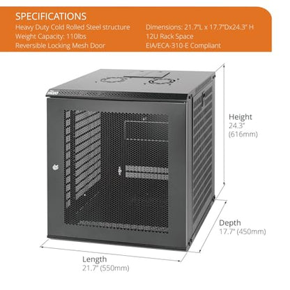 12U Wall Mount Rack Network Cabinet for 19” IT Equipment (12U/Mesh Door/Black)