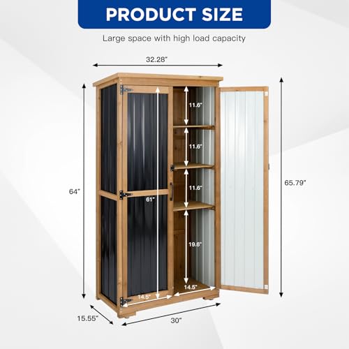 Outdoor Storage Cabinet Wood & Metal with Waterproof Roof (15.6"D x 32.3"W x 66"H)