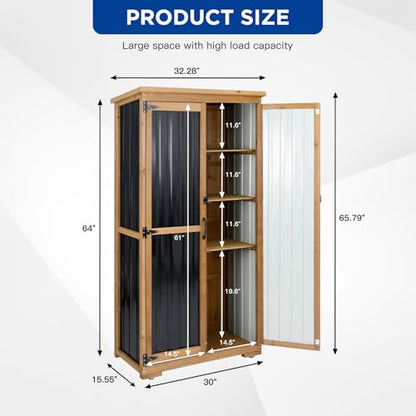 Outdoor Storage Cabinet Wood & Metal with Waterproof Roof (15.6"D x 32.3"W x 66"H)