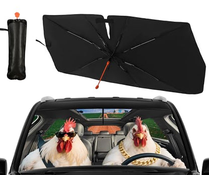 Funny Chicken Car Windshield Umbrella Rooster Windshield Sun Shade Umbrellas for Car Front Window Funny Animal Sun Visor Protector Sunshade to Keep Your Vehicle Cool 57”x 30” (NewStyle-Funny Chicken / Expanded: 147 × 75 cm, Folded: 33 × 11 cm)