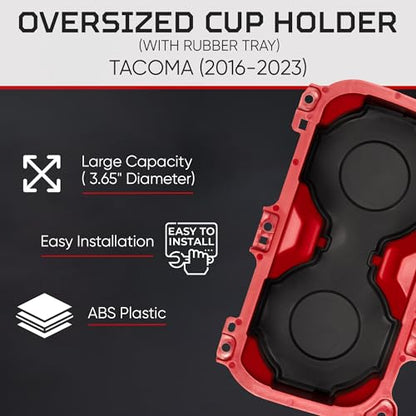 Oversize Cup Holder with Tray Compatible with Toyota Tacoma 2016 (Red / With Rubber Tray)