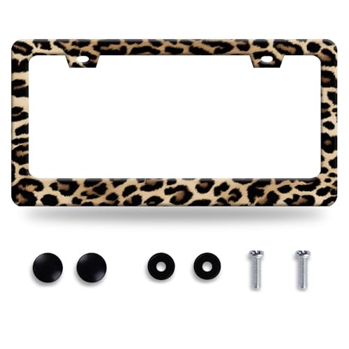 Leopard License Plate Frame Stainless Steel Car Accessories 12.3" x 6.3" (Vintage Brown Leopard Print)