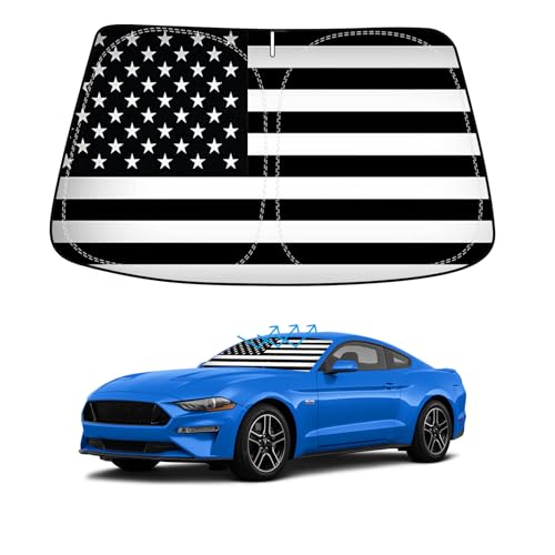 B&W American Flag Car Windshield Sun Shade Compatible with Ford Mustang 2015 (for Ford Mustang 2015-2023 - USA Flag)