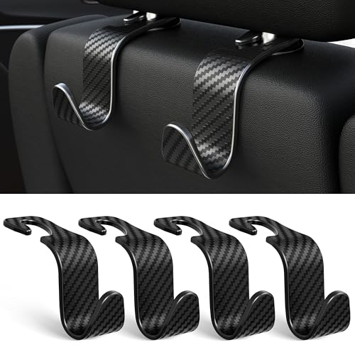 4 Pack Car Headrest Hooks Holds 55lbs Seat Storage Organizer for Bags (Black Check)