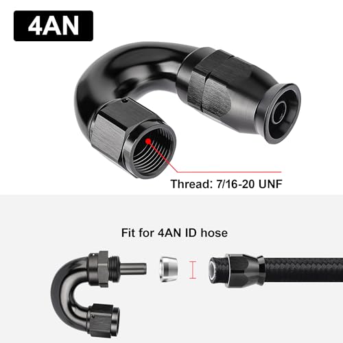 4AN 180 Degree PTFE One Piece Full Flow End Hose Fitting Aluminum Black (4AN / 180 Degree)