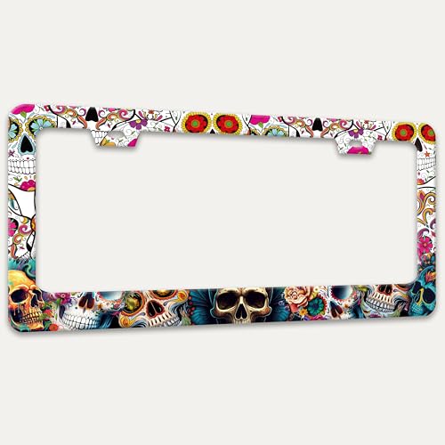 Sugar Skull License Plate Frame Skeleton License Plate Holder 6x12 Inch (Sugar Skull)