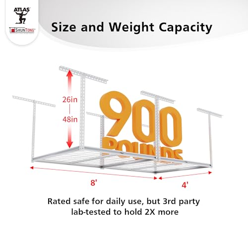 The Atlas 4 x 8 ft Adjustable Height Overhead Garage Storage Rack 900 lbs Heavy Duty Capacity White (900lbs - White)