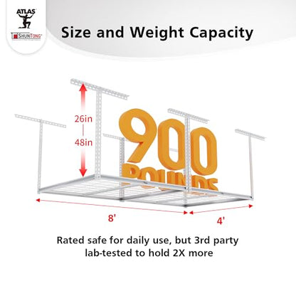 The Atlas 4 x 8 ft Adjustable Height Overhead Garage Storage Rack 900 lbs Heavy Duty Capacity White (900lbs - White)