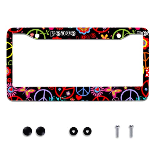 Hippies Peace Flower Stainless Steel License Plate Frame Fits US Standard (Hippies Peace Flower)