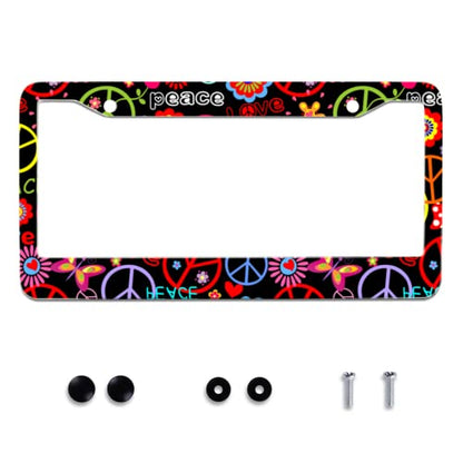 Hippies Peace Flower Stainless Steel License Plate Frame Fits US Standard (Hippies Peace Flower)