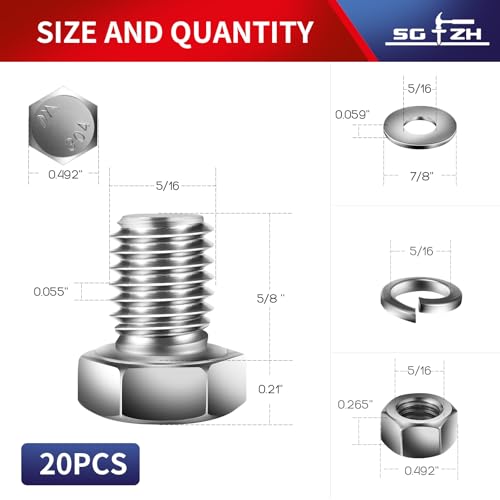 5/16-18 x 5/8" Hex Head Screw Bolt, Nuts, Flat & Lock Washers, 20Pcs 18-8 (304) Stainless Steel, Fully Threaded, by SG TZH (5/16-18 x 5/8" / Silver)