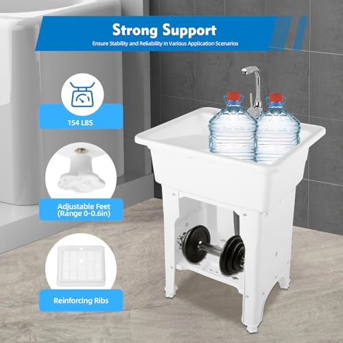 Freestanding Utility Sink Plastic Laundry Sink Spacious Laundry Tub Sink with Storage Shelf Indoor Outdoor Slop Sink Wash Station for Bathroom Laundry Washing Room (B / White-25.6*21.65*31.5in)