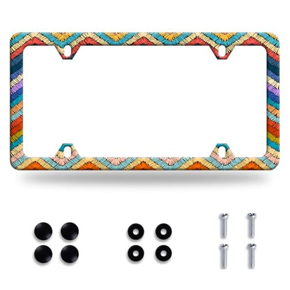 Boho License Plate Frame Stainless Steel Car Accessory 6.3x12.3 Inch (Colorful Boho Stripes)