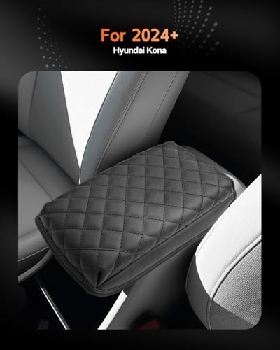 for 2024 2025 2026 Hyundai Kona Center Console Cover Armrest Cover for Kona (Kona-Thickened Black Leather Square 2024-2026)