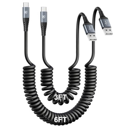USB Type C Charger Cable Fast Charging 3FT+6FT 2Pack Coiled USB A to USB C (3FT+6FT / Black)