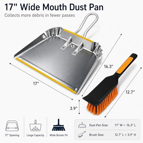 17" Heavy Duty Metal Dust Pan with Brush Set (1 Count (Pack of 1) with Brush)