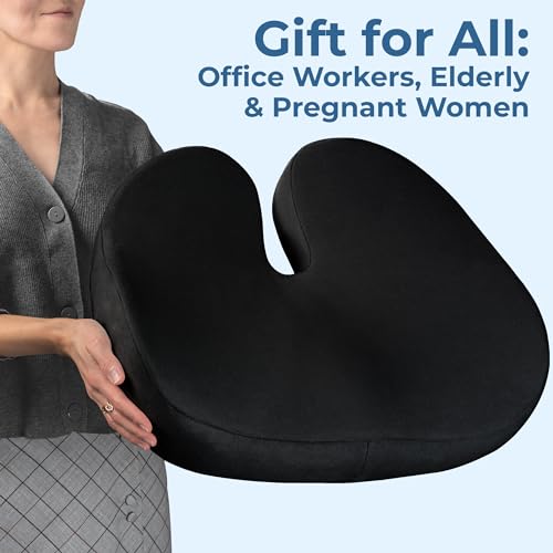 Seat Cushion Memory Foam Chair Cushion for Tailbone Pain Relief (Soft Black / XX-Large)