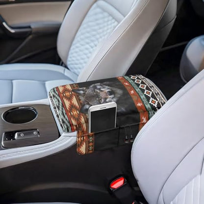 Aztec Wolf Black Car Center Console Cover Scratch Resistant Armrest Seat Box Cover with Organizer Pockets Console Lid Protector Cushion Fit for Most Cars Vehicles SUVs (Aztec Wolf Black)