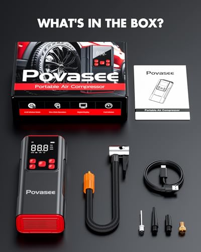 Tire Inflator Portable Air Compressor Povasee 150PSI Portable Air Pump for Tires Cordless Car Tire Inflator with LCD Display (A8-NEW)