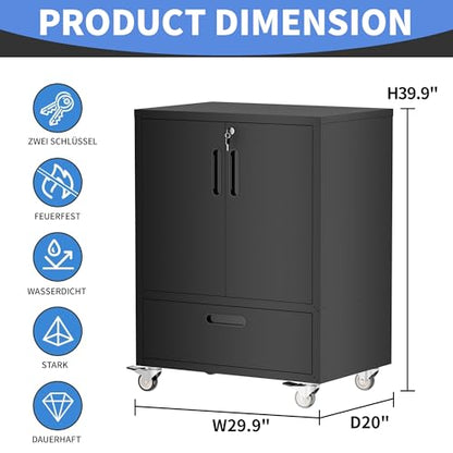 Metal Storage Cabinet for Garage (Black / M - 2 Doors & Drawer (Wheeled))