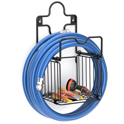 Garden Hose Holders for Outside Metal Water Hose Holder Wall Mount Hose Hanger with Storage Basket Heavy Duty Waterhose Holder for Outside Hose Rack Outdoor Hose Caddy Hook for Garden Organizer Black (Black)