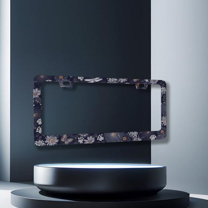 Blue Folk Art Flowers Stainless Steel License Plate Frame 12.2 x 6.2 Inch (Blue Arts Flower Floral)
